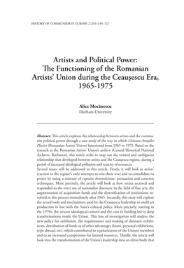 Artists and Political Power: Th E Functioning of the Romanian Artists’ Union During the Ceauşescu Era, 1965-1975