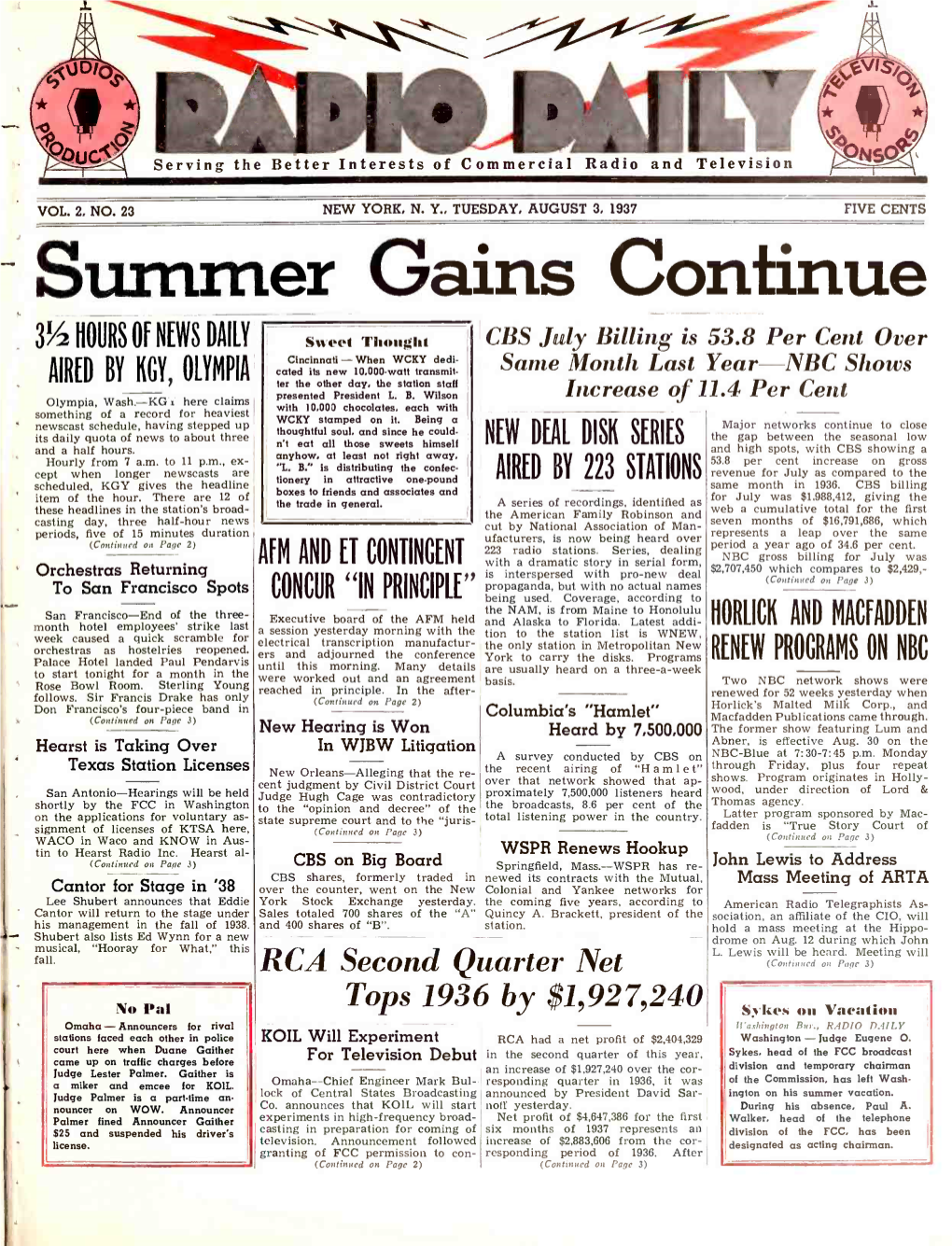 AUGUST 3, 1937 FIVE CENTS Summer Gains Continue