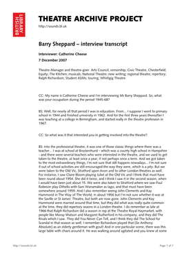 Theatre Archive Project: Interview with Barry Sheppard