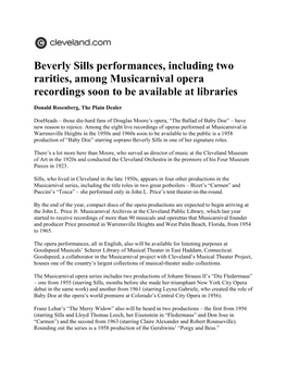 Beverly Sills Performances, Including Two Rarities, Among Musicarnival Opera Recordings Soon to Be Available at Libraries