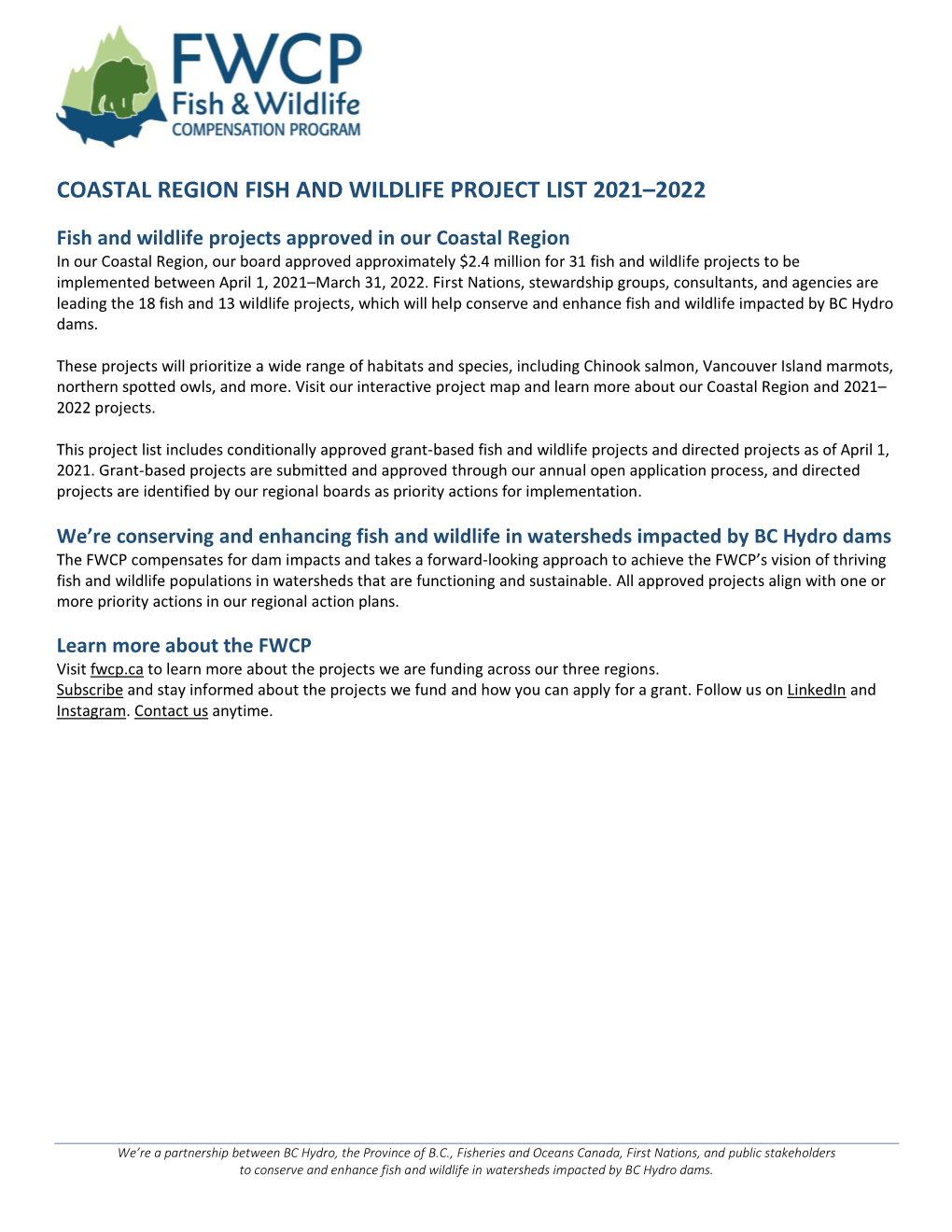 Coastal Region Fish and Wildlife Project List 2021–2022