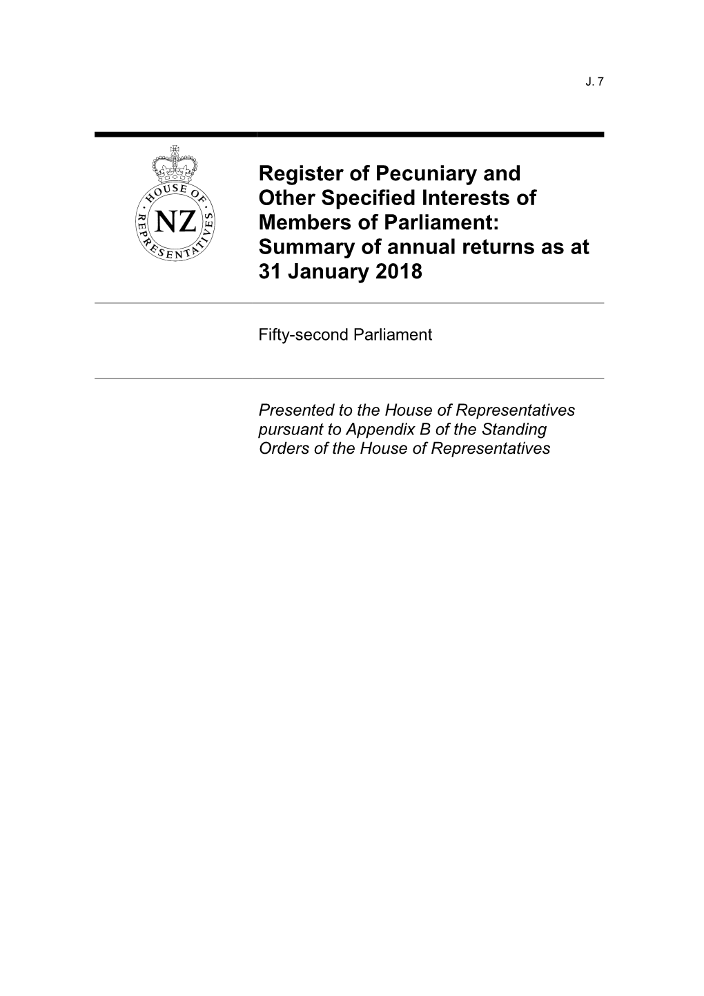 Register of Pecuniary and Other Specified Interests Summary 2018