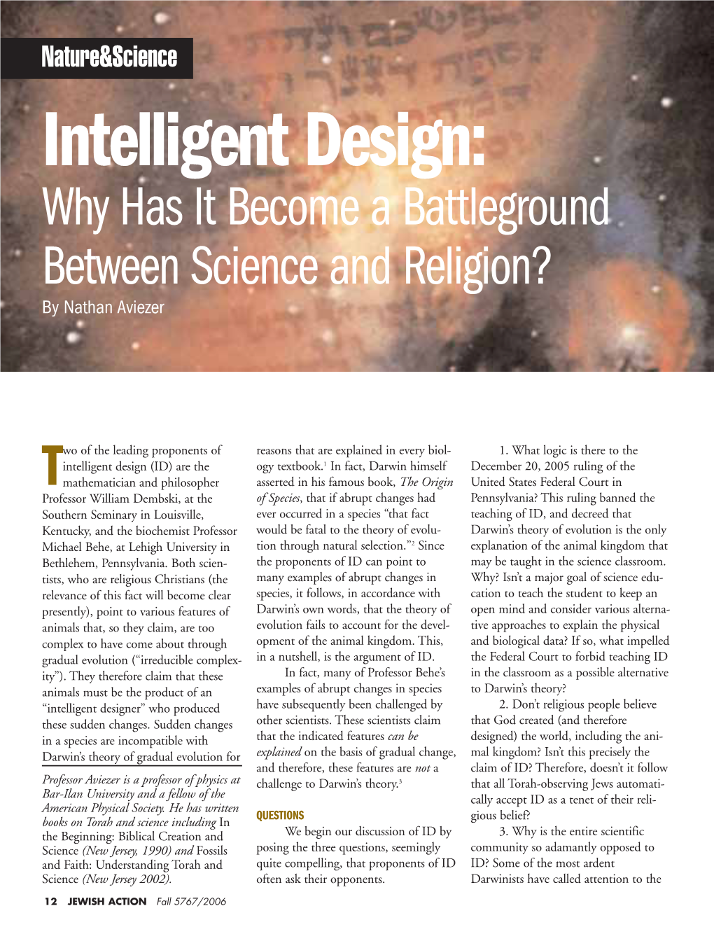 Intelligent Design: Why Has It Become a Battleground Between Science and Religion? by Nathan Aviezer