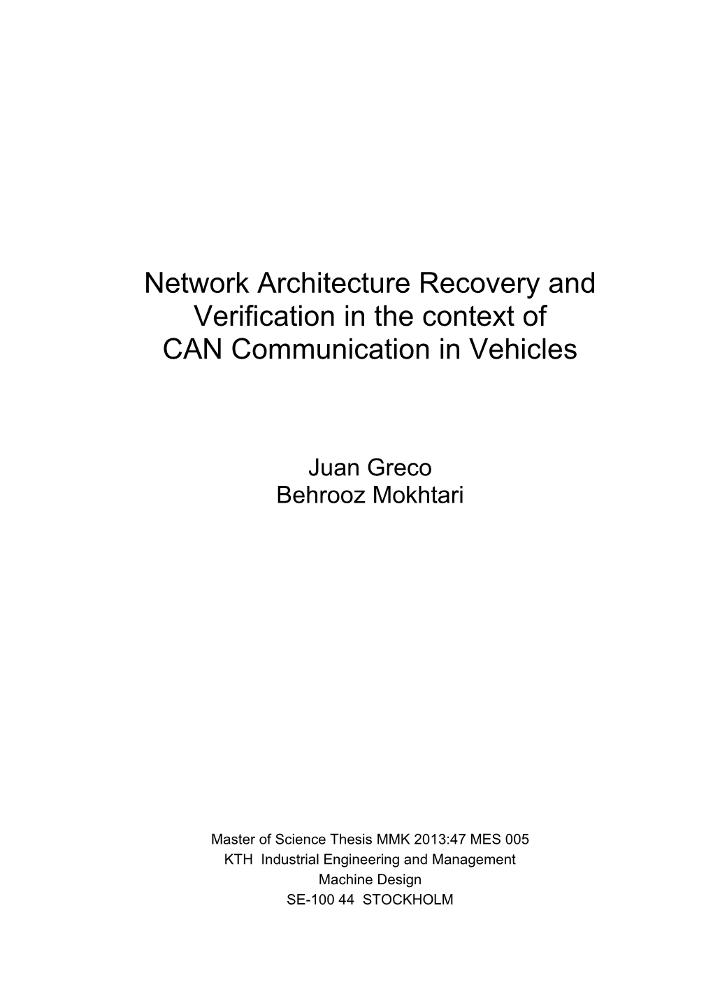 Network Architecture Recovery and Verification in the Context of CAN Communication in Vehicles