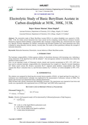 Electrolytic Study of Basic Beryllium Acetate in Carbon Disulphide at 303K, 308K, 313K