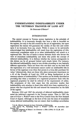 UNDERSTANDING INDEFEASIBILITY UNDER the VICTORIAN TRANSFER of LAND ACT by BERNARD O'brien*