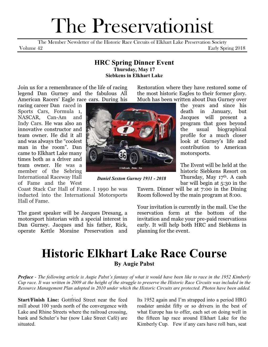 The Preservationist the Member Newsletter of the Historic Race Circuits of Elkhart Lake Preservation Society Volume 42 Early Spring 2018