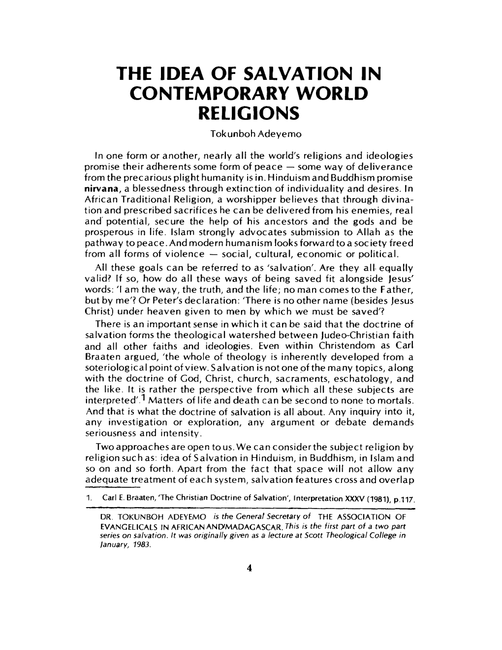 THE IDEA of SALVATION in CONTEMPORARY WORLD RELIGIONS Tokunboh Adeyemo