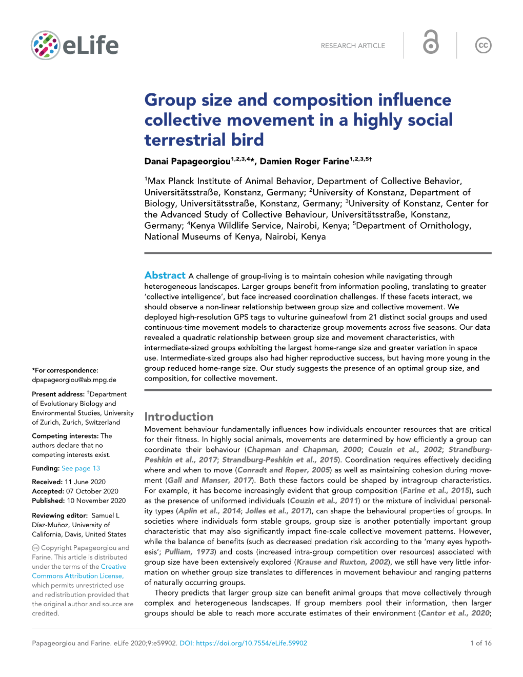 Group Size and Composition Influence Collective Movement in a Highly Social Terrestrial Bird Danai Papageorgiou1,2,3,4*, Damien Roger Farine1,2,3,5†