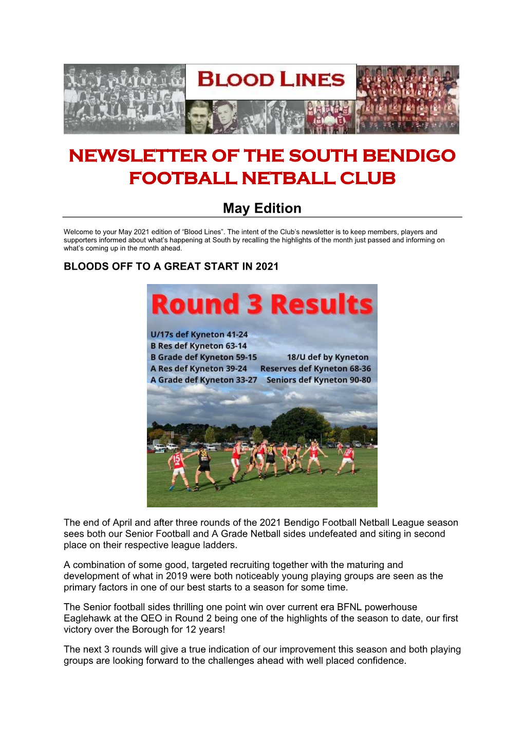Newsletter of the South Bendigo Football Netball Club