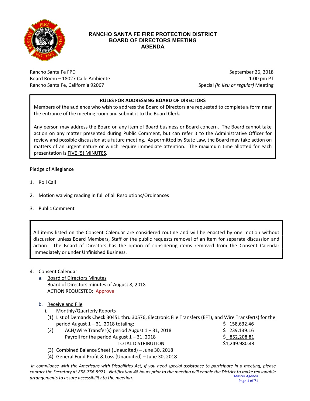 Rancho Santa Fe Fire Protection District Board of Directors Meeting Agenda