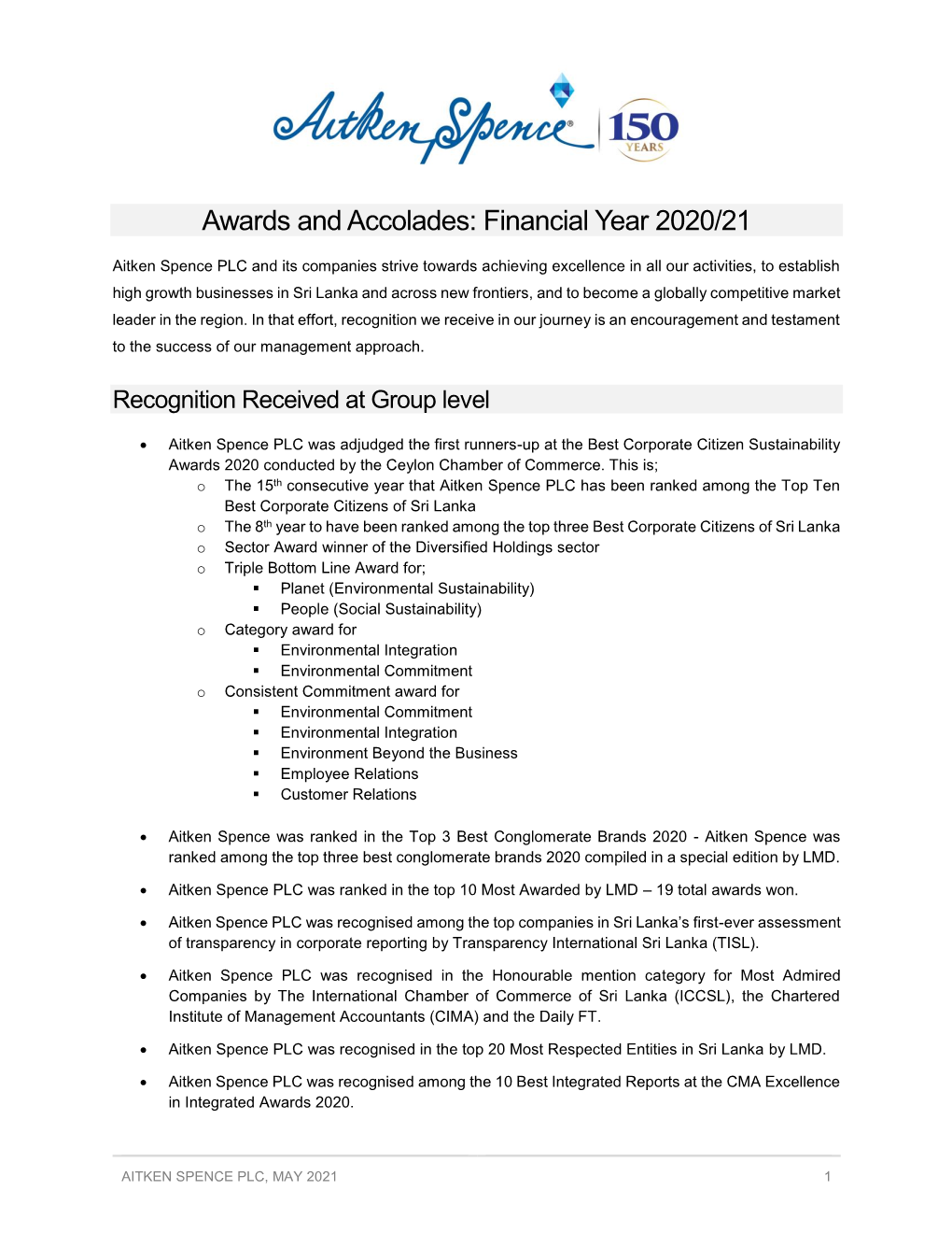 Awards and Accolades: Financial Year 2020/21
