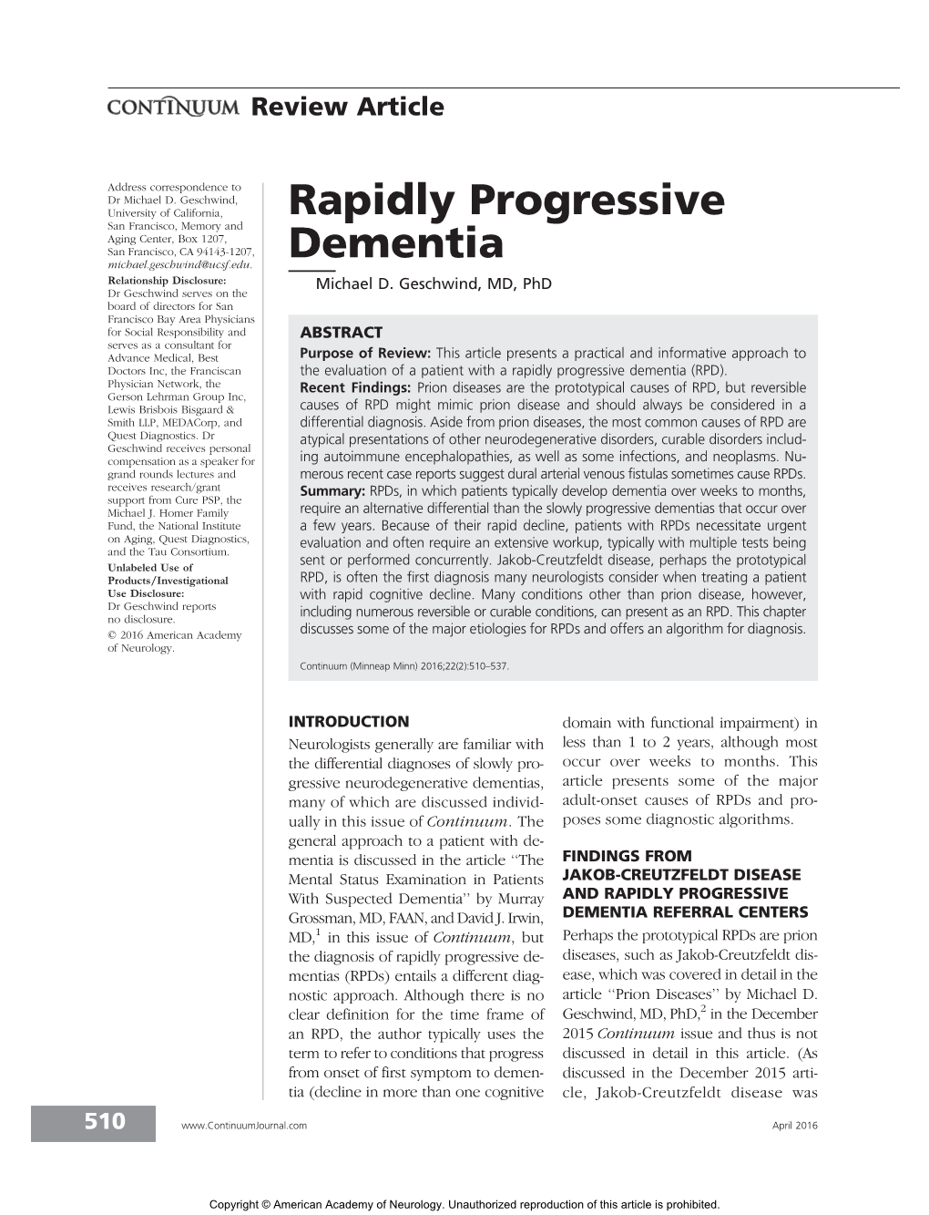 Rapidly Progressive Dementia (RPD)