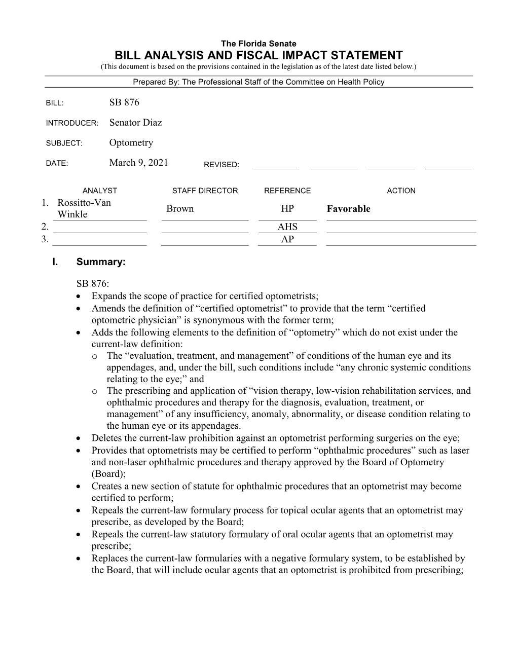 Bill Analysis and Fiscal Impact Statement