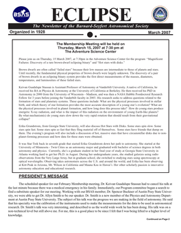 ECLIPSE the Newsletter of the Barnard-Seyfert Astronomical Society Organized in 1928 March 2007