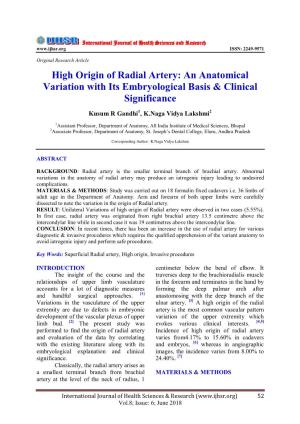 High Origin of Radial Artery: an Anatomical Variation with Its Embryological Basis & Clinical Significance