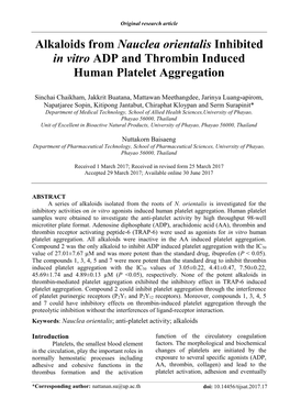 Alkaloids from Nauclea Orientalis Inhibited in Vitro ADP and Thrombin Induced Human Platelet Aggregation