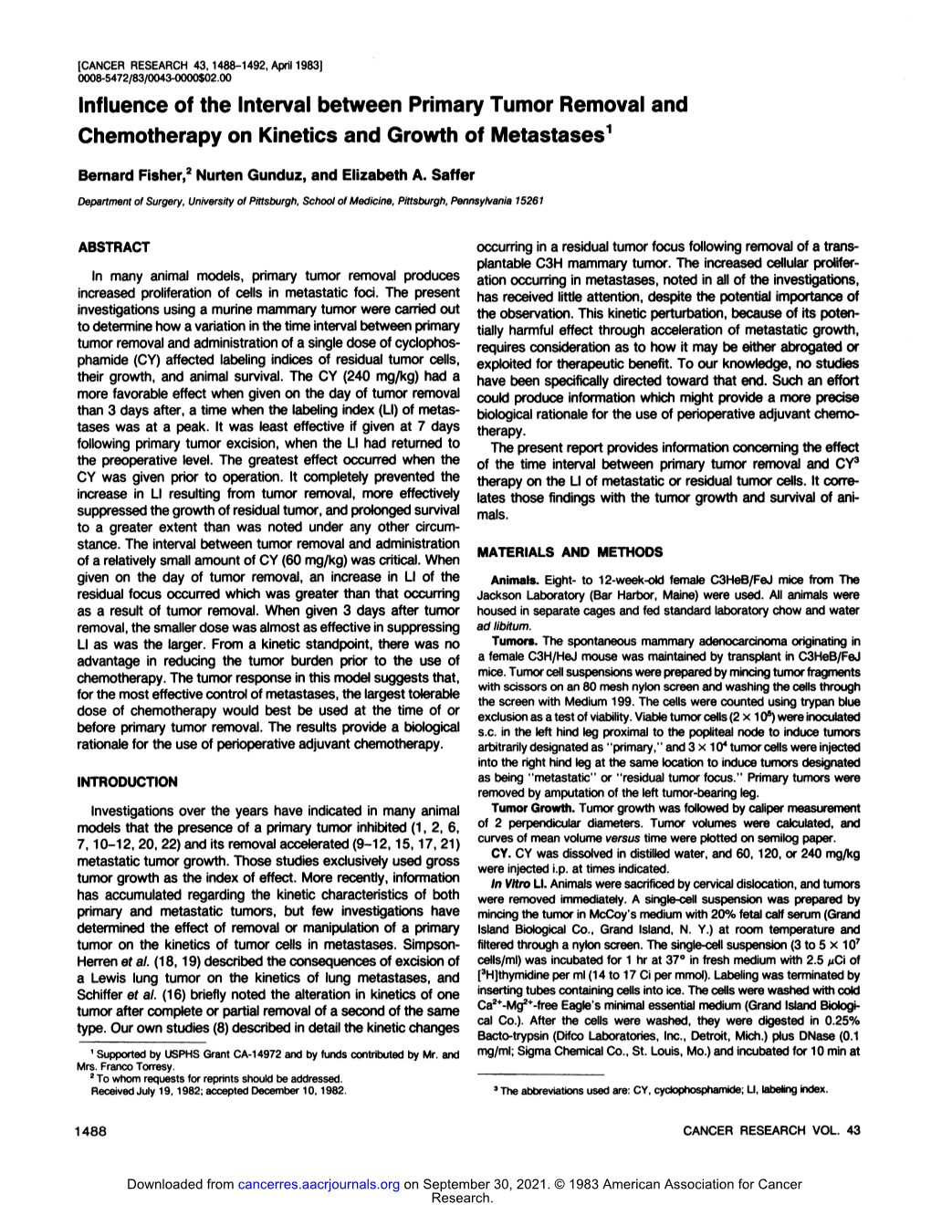 Influence of the Interval Between Primary Tumor Removal and Chemotherapy on Kinetics and Growth of MÃ©Tastases1