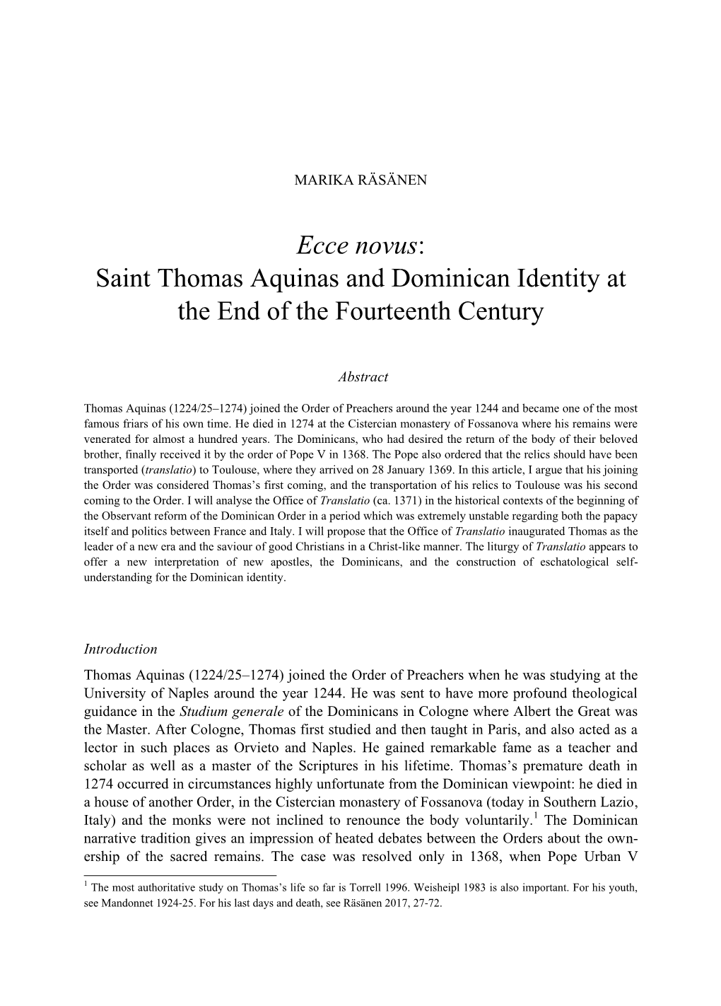 Ecce Novus: Saint Thomas Aquinas and Dominican Identity at the End of the Fourteenth Century