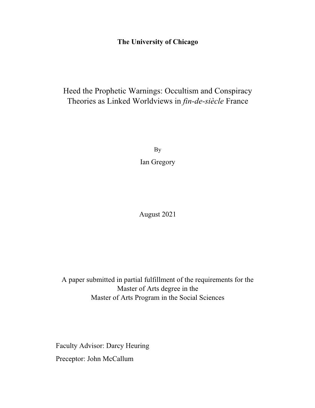 Heed the Prophetic Warnings: Occultism and Conspiracy Theories As Linked Worldviews in Fin-De-Siècle France