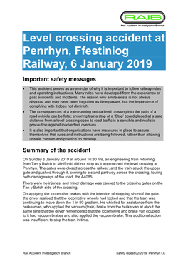 Level Crossing Accident at Penrhyn, Ffestiniog Railway, 6 January 2019 Important Safety Messages