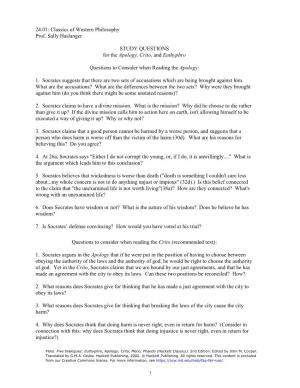 STUDY QUESTIONS for the Apology, Crito, and Euthyphro