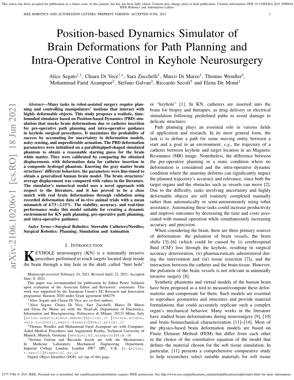 Position-Based Dynamics Simulator of Brain Deformations for Path Planning and Intra-Operative Control in Keyhole Neurosurgery