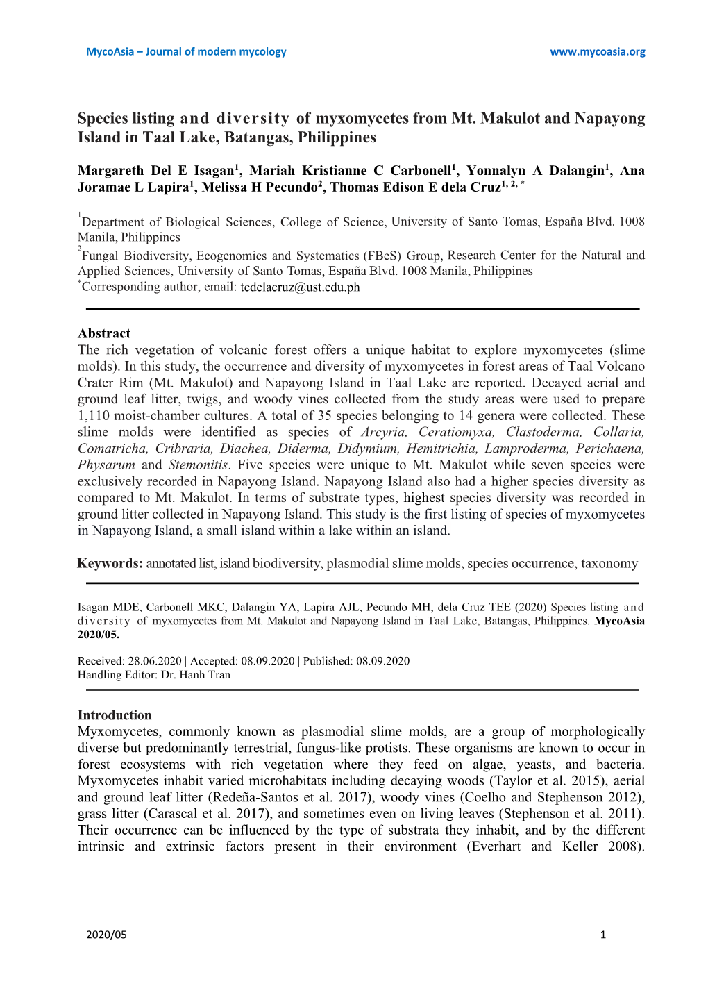 Species Listing and Diversity of Myxomycetes from Mt. Makulot and Napayong Island in Taal Lake, Batangas, Philippines