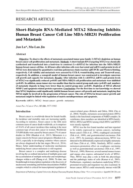 Short-Hairpin RNA-Mediated MTA2 Silencing Inhibits Human Breast Cancer Cell Line MDA-MB231 Proliferation and Metastasis