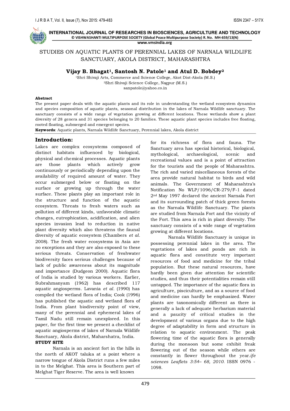 Studies on Aquatic Plants of Perennial Lakes of Narnala Wildlife Sanctuary, Akola District, Maharashtra