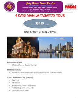 4 Days Manila Tagaytay Tour