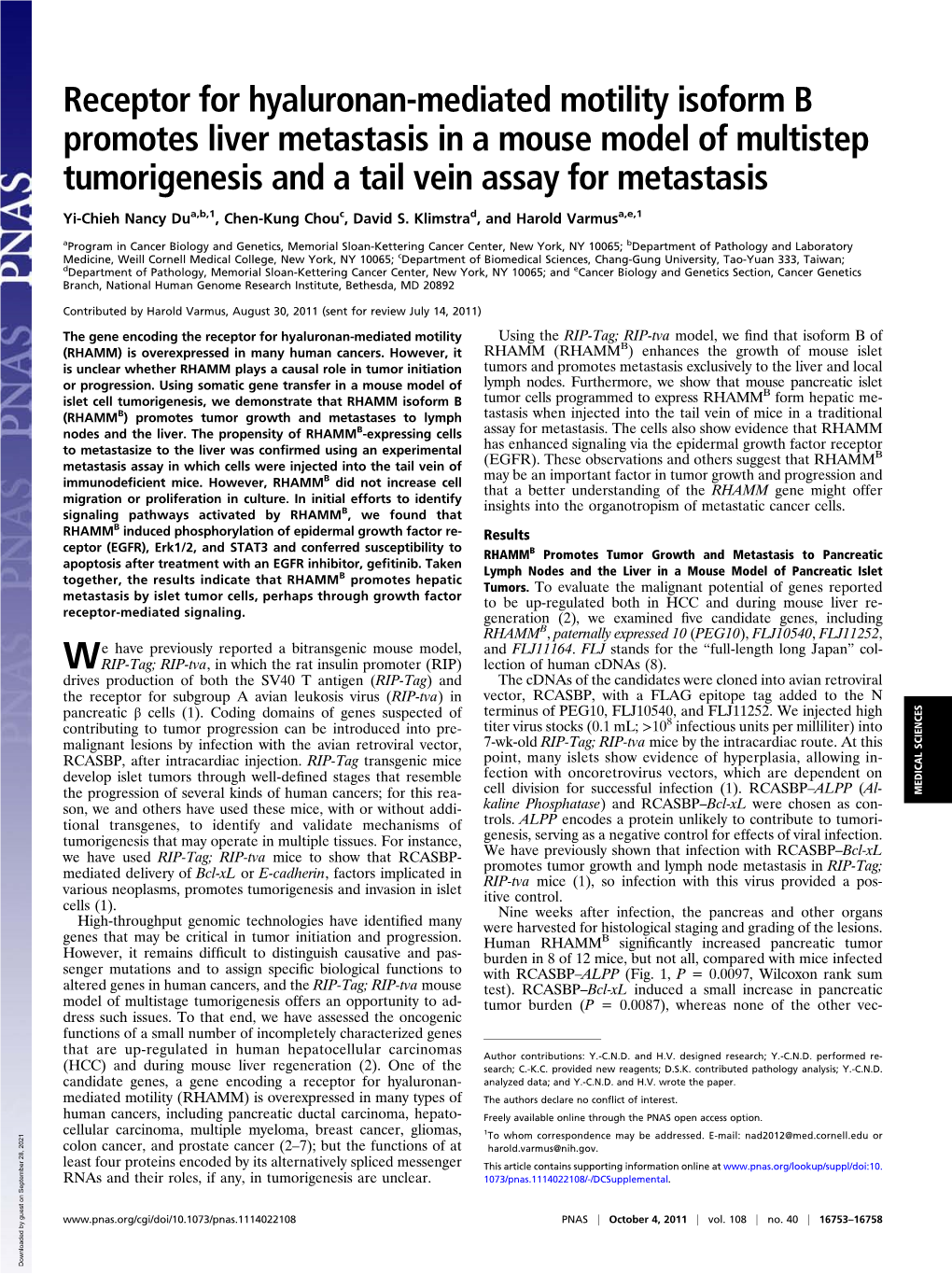 Receptor for Hyaluronan-Mediated Motility Isoform B Promotes Liver Metastasis in a Mouse Model of Multistep Tumorigenesis and a Tail Vein Assay for Metastasis