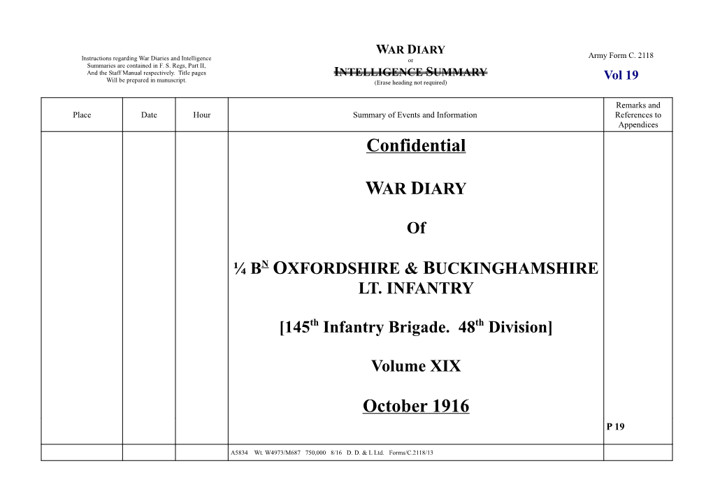 1/4Th Oxford and Bucks War Diary 1915 to 1919