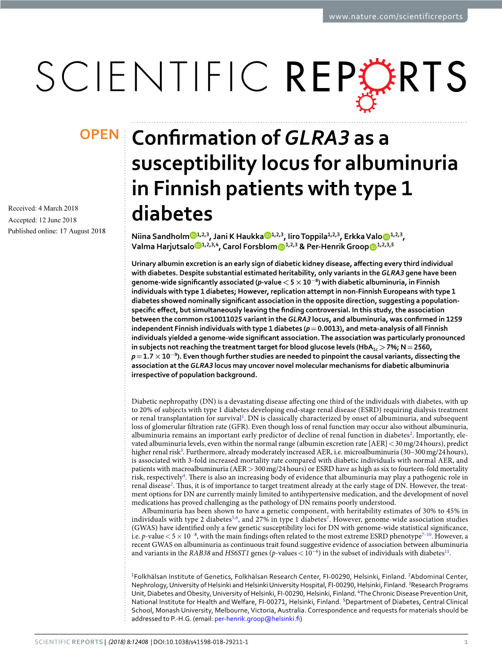 Confirmation of GLRA3 As a Susceptibility Locus for Albuminuria in Finnish Patients with Type 1 Diabetes