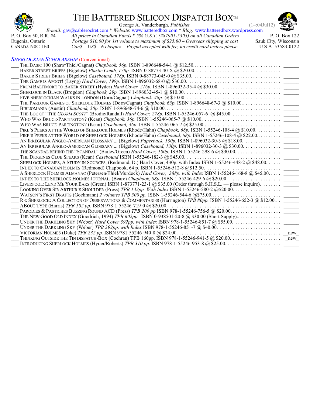 BSDB Price List (Winter 2010)