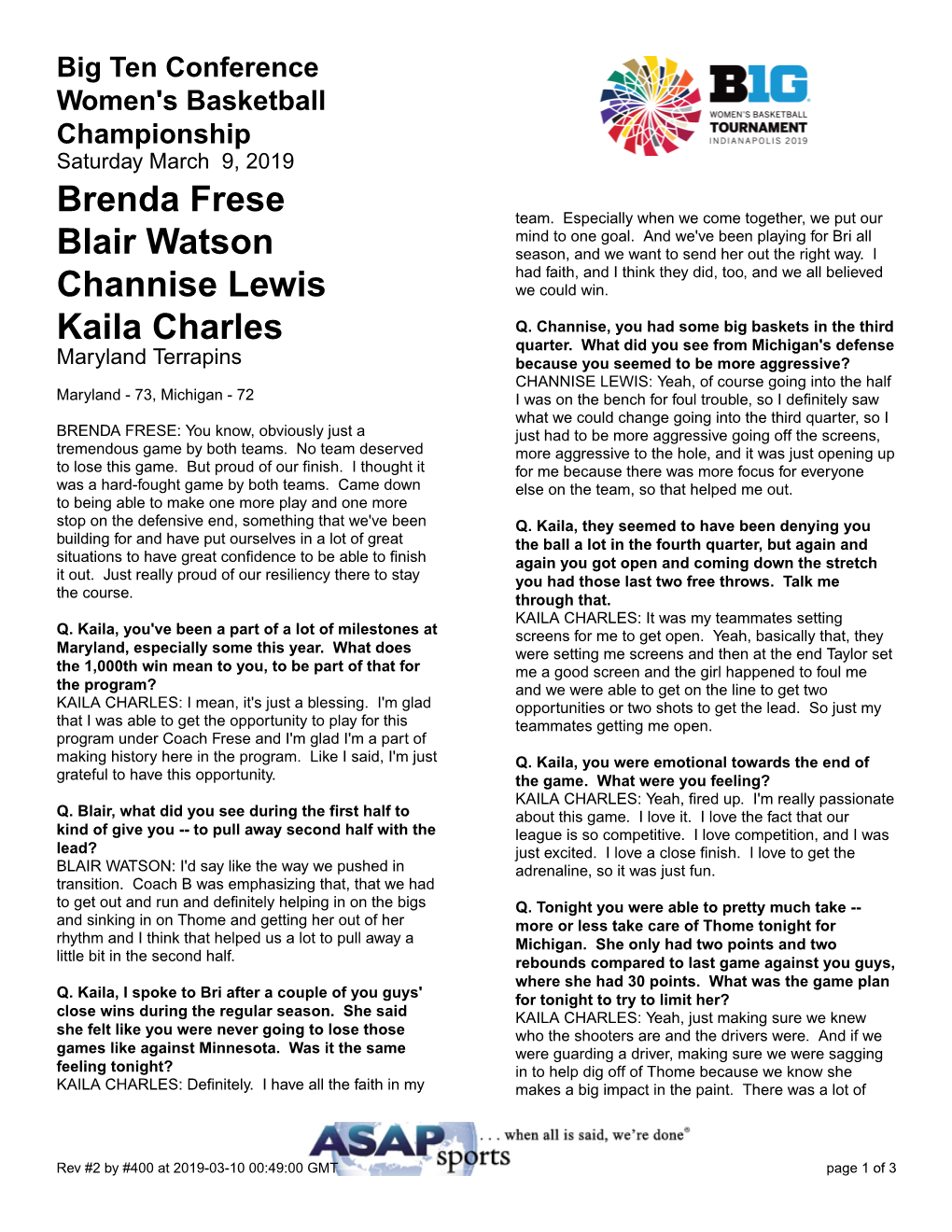 Brenda Frese Blair Watson Channise Lewis Kaila Charles