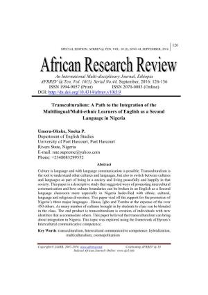 Transculturalism: a Path to the Integration of the Multilingual/Multi-Ethnic Learners of English As a Second Language in Nigeria