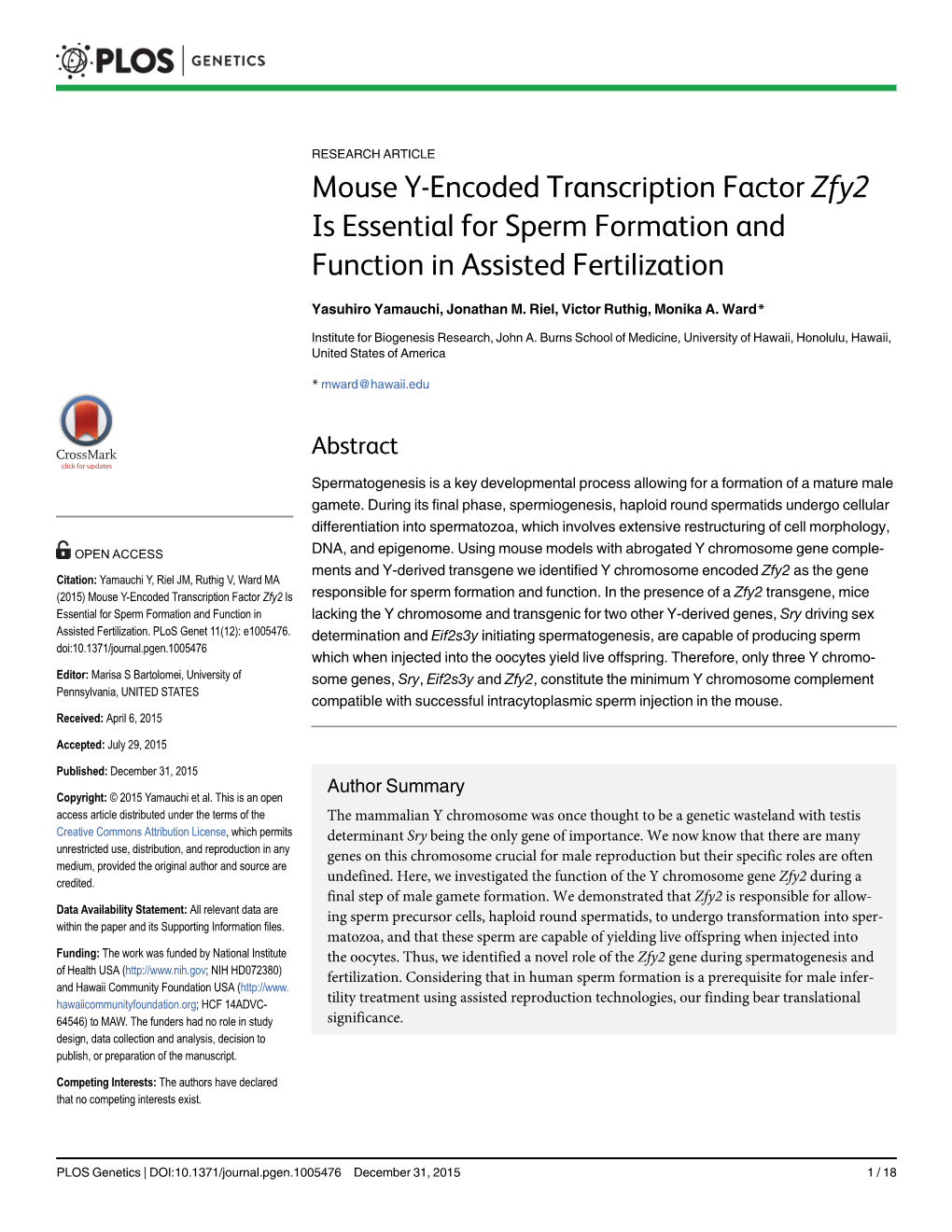 Mouse Y-Encoded Transcription Factor Zfy2 Is Essential for Sperm Formation and Function in Assisted Fertilization