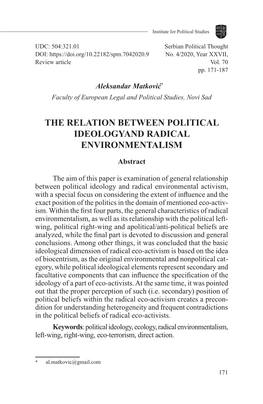 The Relation Between Political Ideologyand Radical Environmentalism