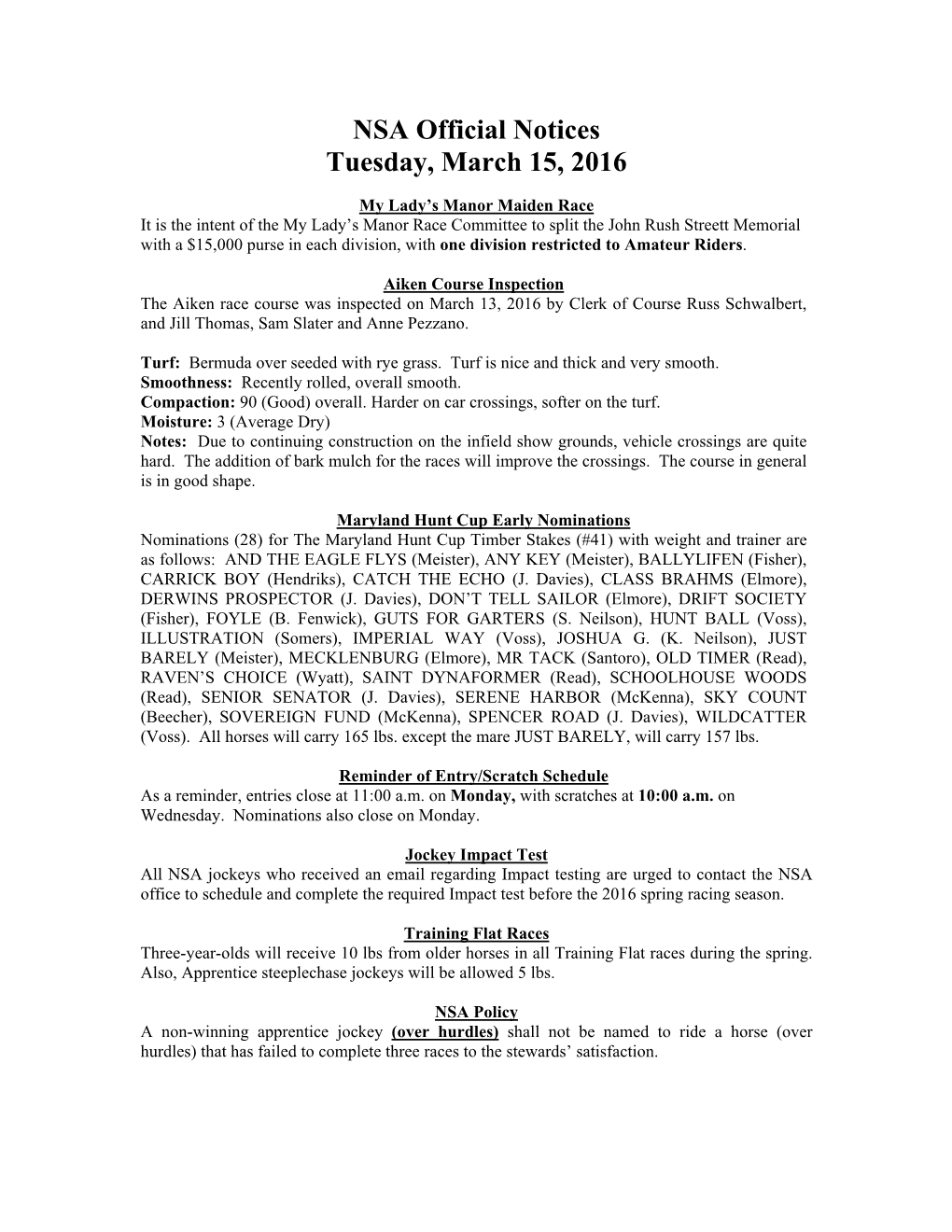 Official Notices for March 16, 2016