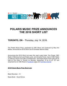 2016 Polaris Music Prize Short List PR