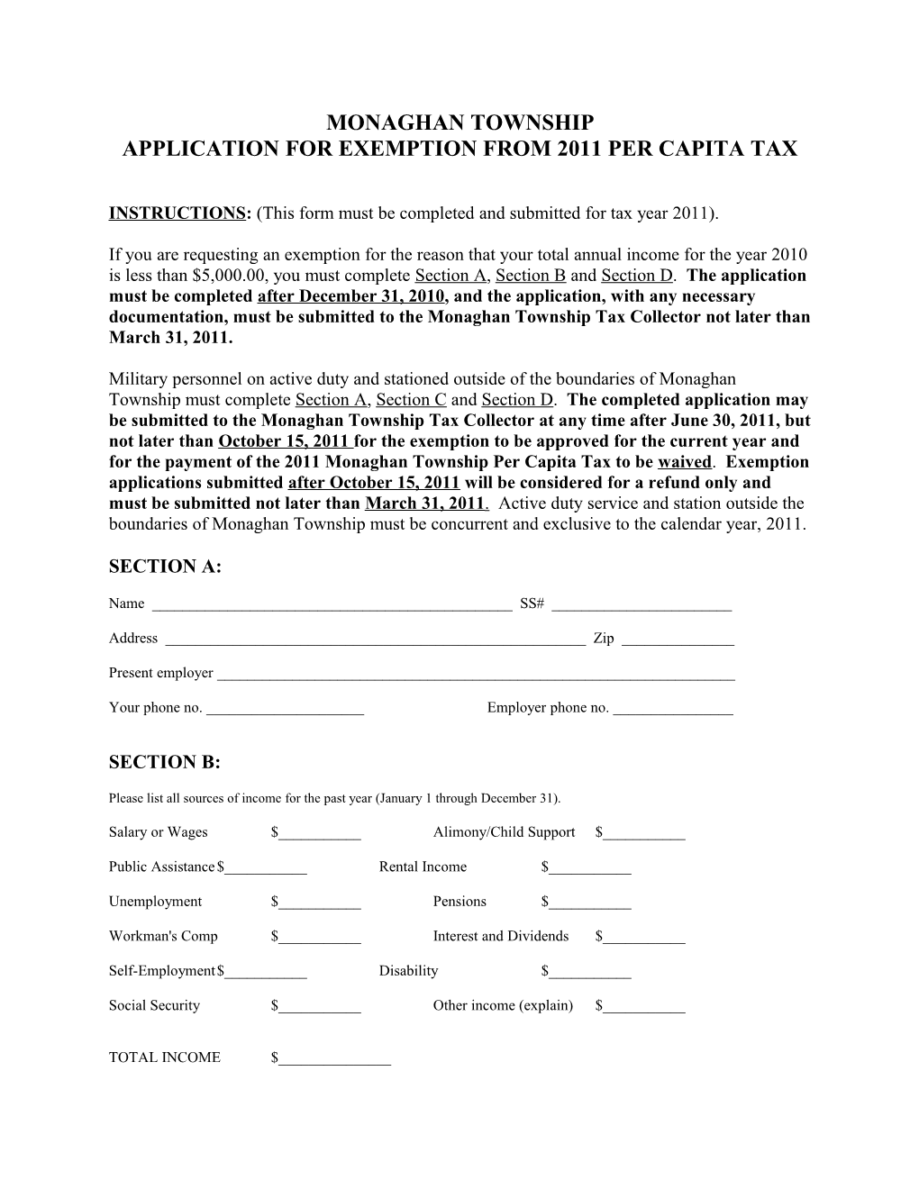 Application for Exemption from 2011 Per Capita Tax