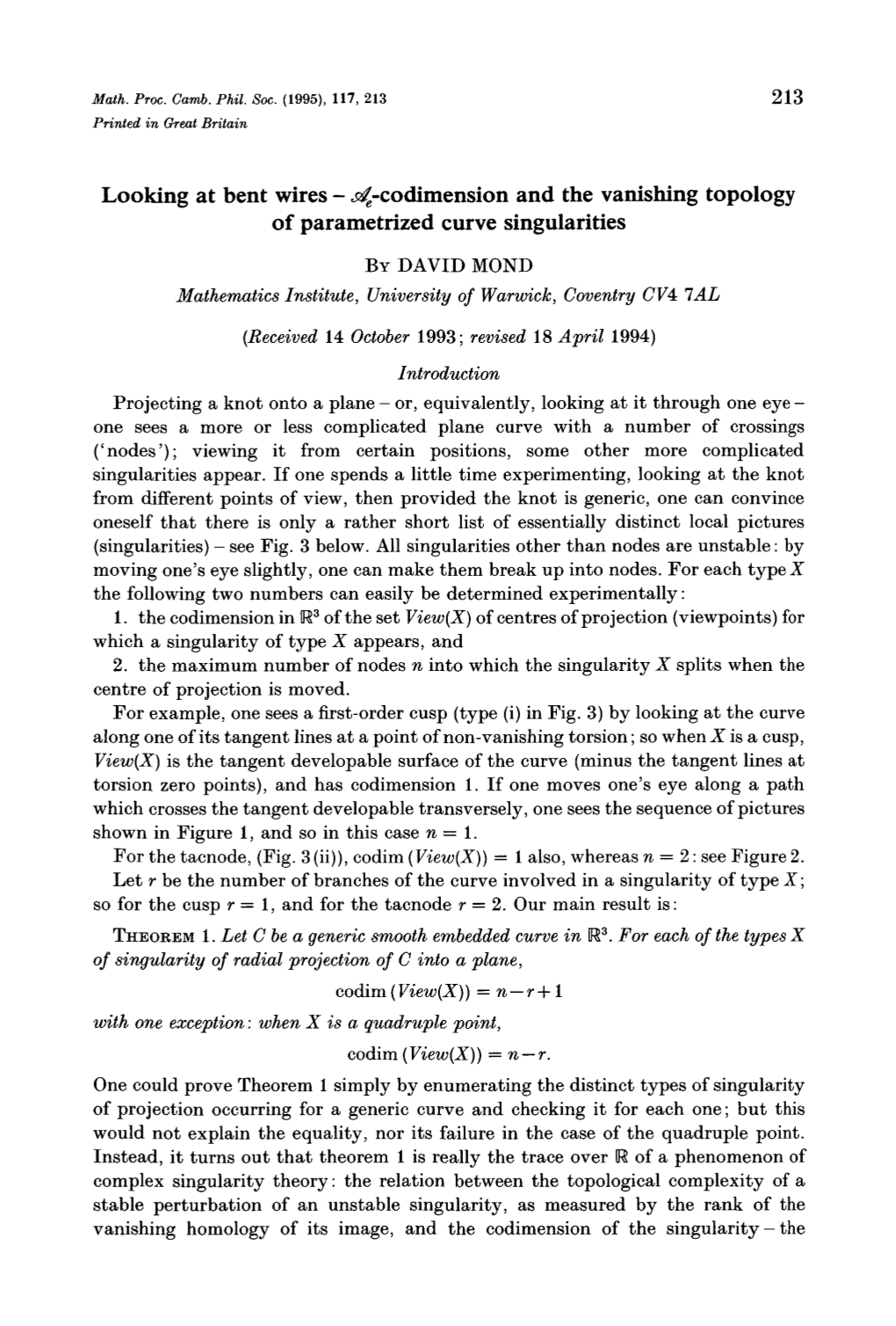 Looking at Bent Wires - J^-Codimension and the Vanishing Topology of Parametrized Curve Singularities