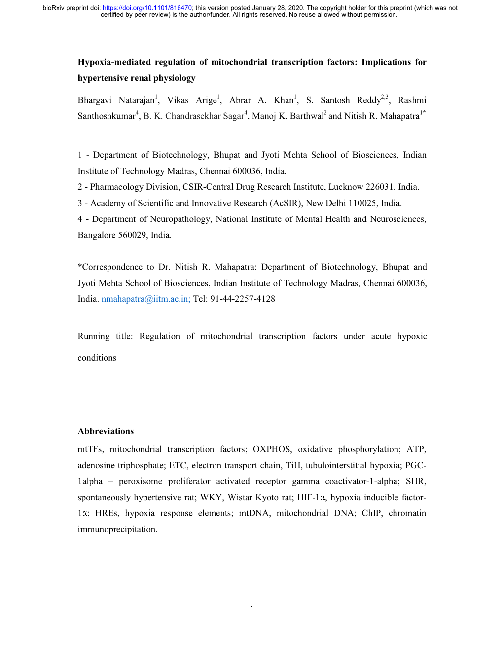 Hypoxia-Mediated Regulation of Mitochondrial Transcription Factors: Implications for Hypertensive Renal Physiology