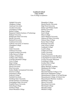 Landmark School Class of 2016 List of College Acceptances Adelphi