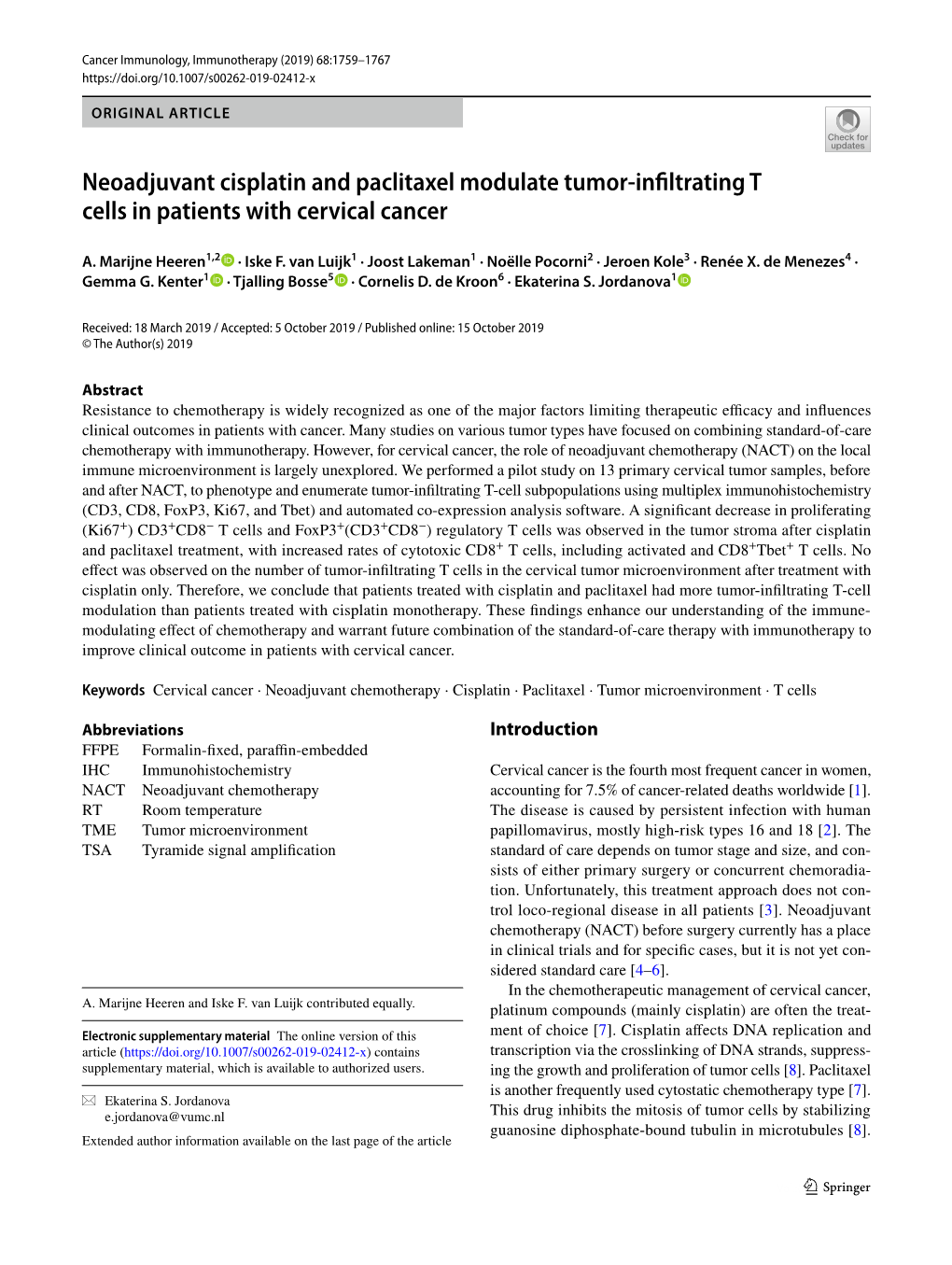 Neoadjuvant Cisplatin and Paclitaxel Modulate Tumor-Infiltrating T Cells In