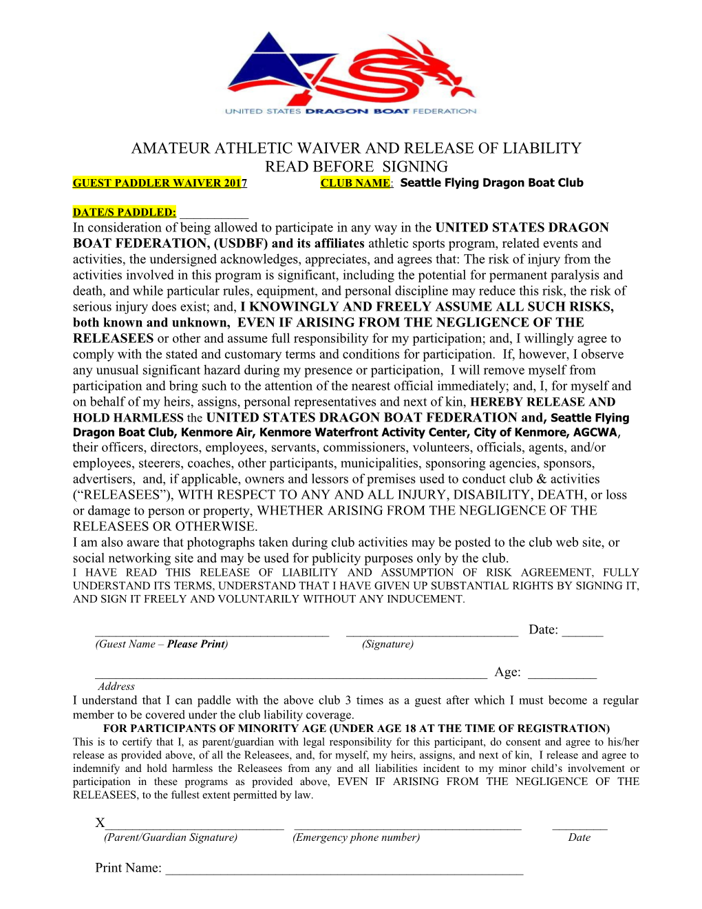 Amateur Athletic Waiver and Release of Liability