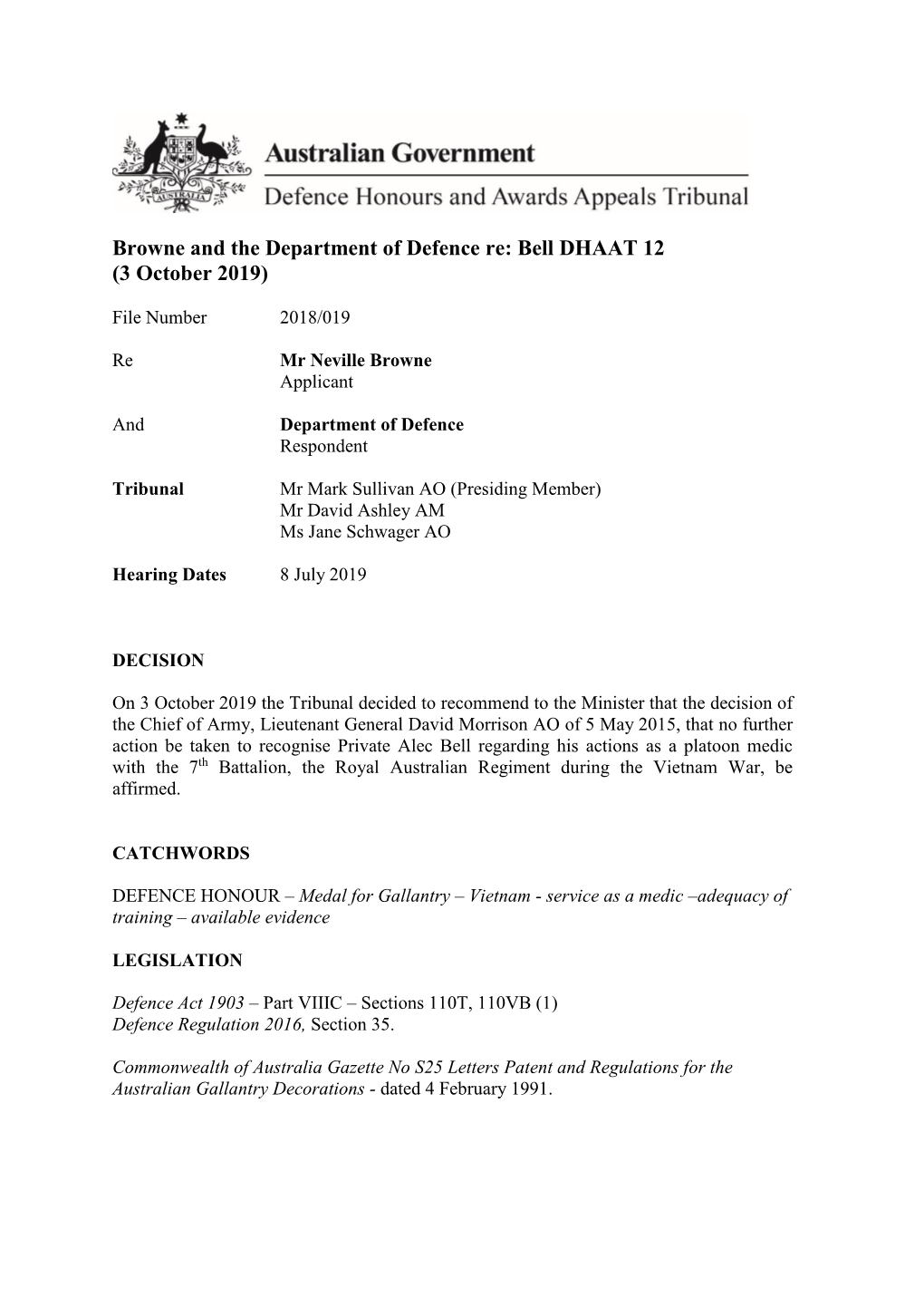 Browne and the Department of Defence Re: Bell DHAAT 12 (3 October 2019)