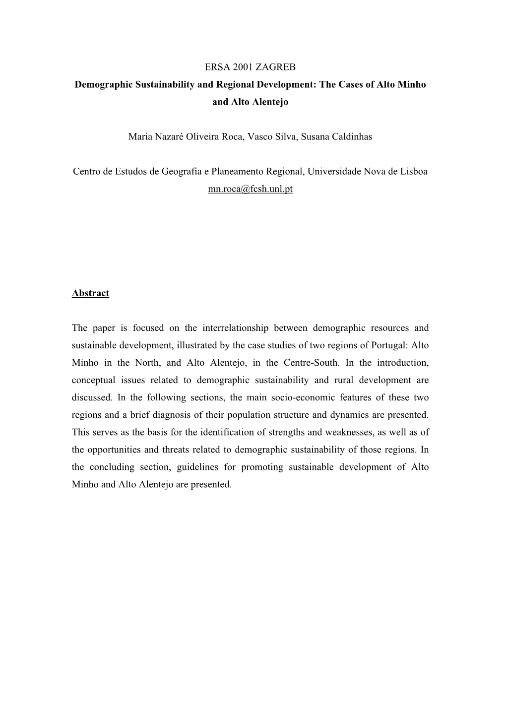 ERSA 2001 ZAGREB Demographic Sustainability and Regional Development: the Cases of Alto Minho and Alto Alentejo