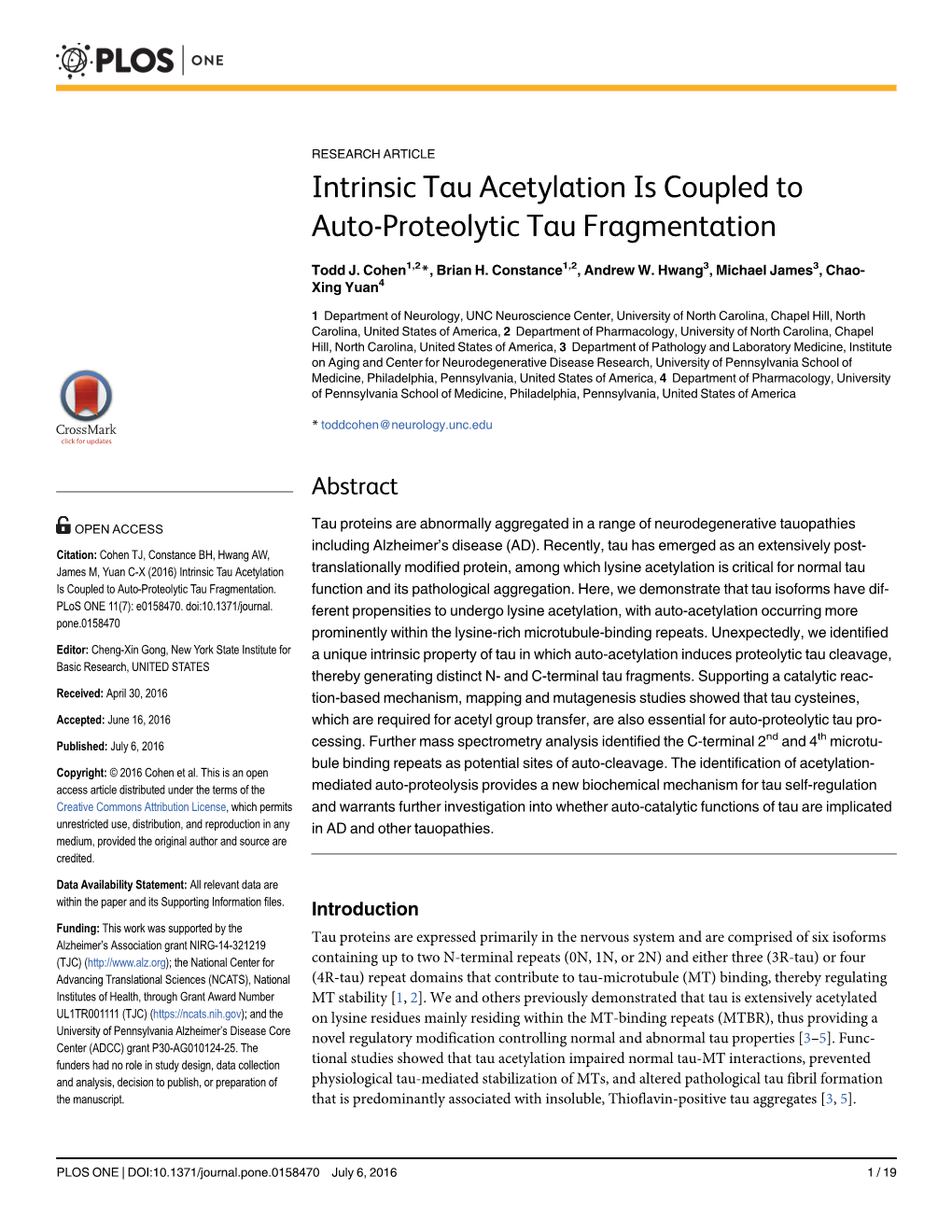 Intrinsic Tau Acetylation Is Coupled to Auto-Proteolytic Tau Fragmentation